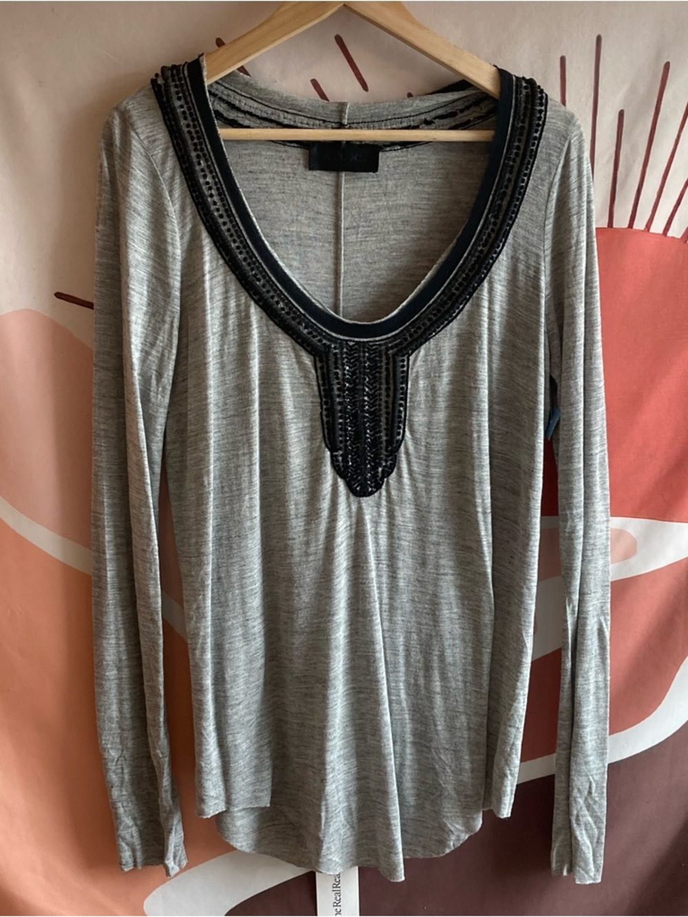 A.L.C. Size Large Gray Sleeve Beaded Top Tunic Cotton Minimalist Designer Casual
